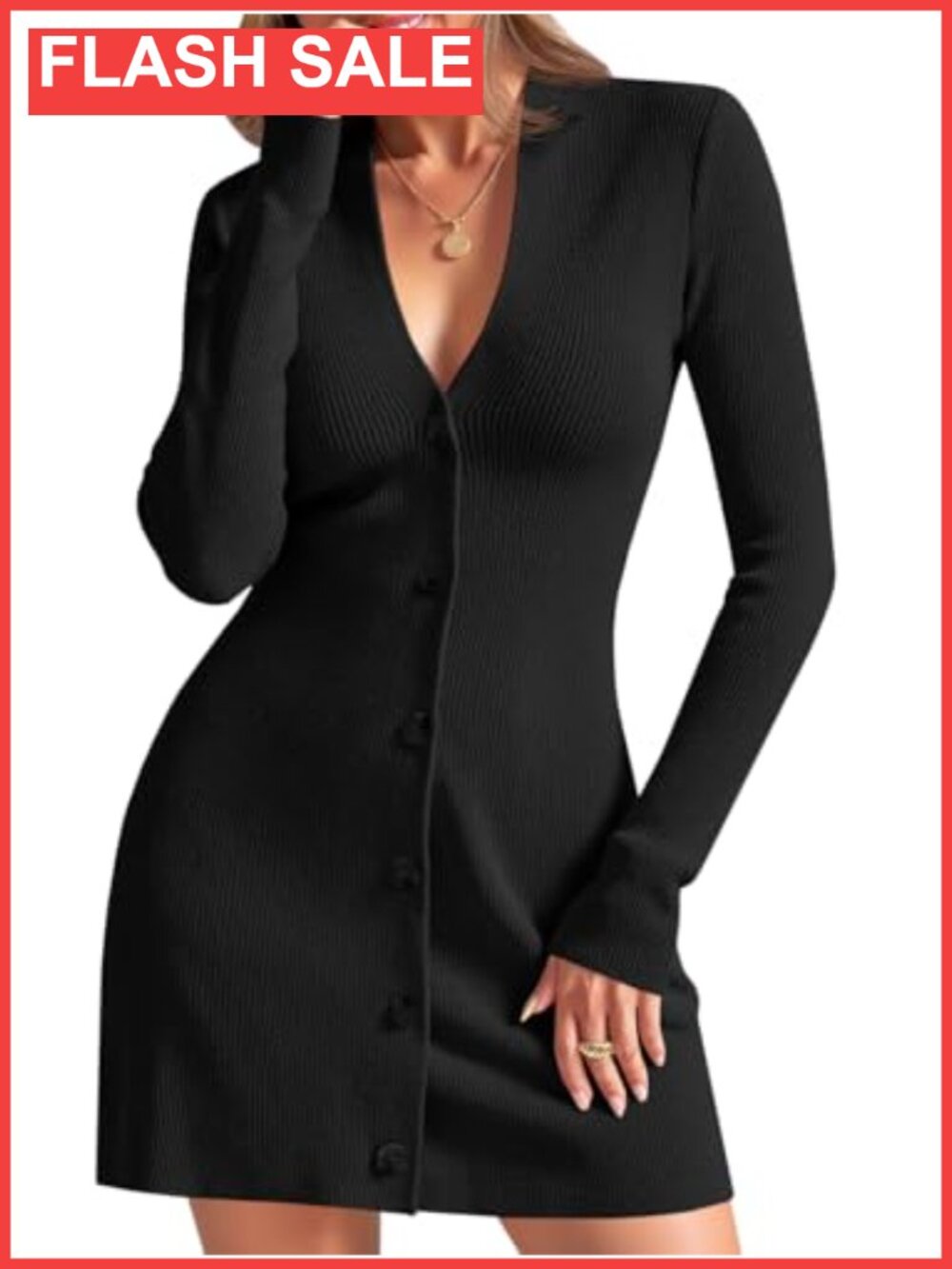 Womens Deep V Neck Sweater Dress Long Sleeve Knit Mini Ruffle Hem